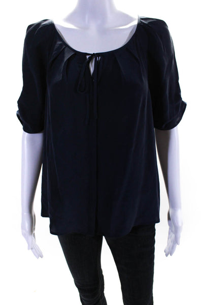 Joie Womens Silk Pleated Tied Keyhole Short Sleeve Blouse Top Navy Size M