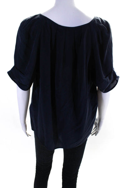 Joie Womens Silk Pleated Tied Keyhole Short Sleeve Blouse Top Navy Size M
