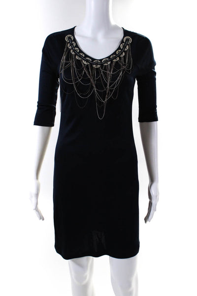 Catherine Malandrino Womens Solid Silk Metal Chain Detailed Dress Blue Size XS