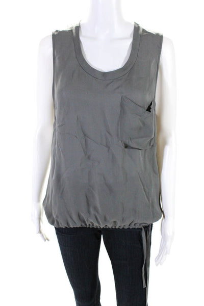 Theory Womens Gray Silk Tie Scoop Neck Front Pocket Sleeveless Blouse Top Size S