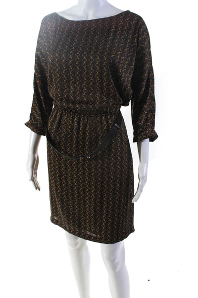 Michael Michael Kors Womens Graphic Chained Belted Round Neck Dress Brown Size L
