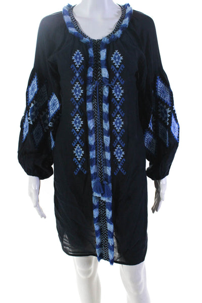 Figue Womens Blue Embroidered Detail V-Neck Long Sleeve Shift Dress Size XS