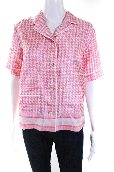 Christian Dior 2022 Womens Button Up Houndstooth Logo Shirt Pink White Size 2