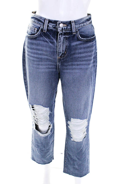 L Agence Womens Distressed High Rise Crop Stove Pipe Jeans Blue Denim Size 25