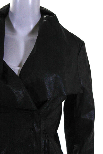 BB Dokota Women's Collared Long Zip-Up Leather Jacket Black Size M
