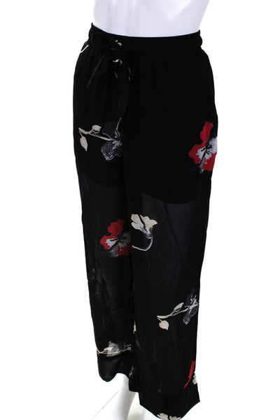 Ganni Womens Black Floral Drawstring Pull On High Rise Sheer Pants Size 34