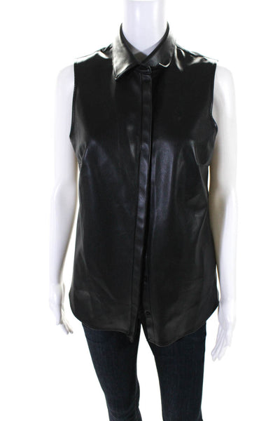 Bailey 44 Womens Black Vegan Leather Collar Button Down Sleeveless Top Size M