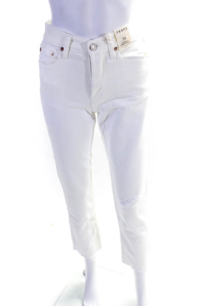 Trave Womens Cotton Distress 5-Pocket Button Straight Leg Jeans White Size EUR24