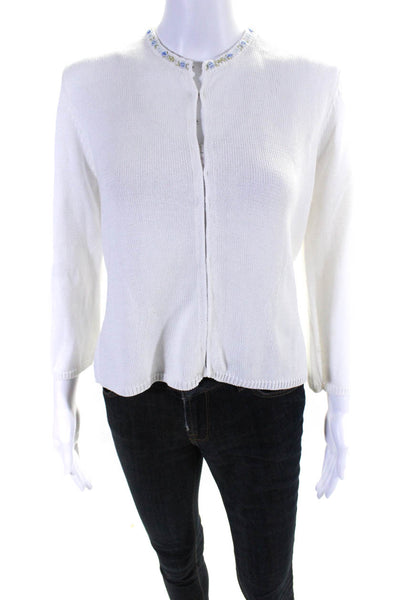 Rebecca Taylor Womens Floral Neckline Cardigan Sweater White Cotton Size Large