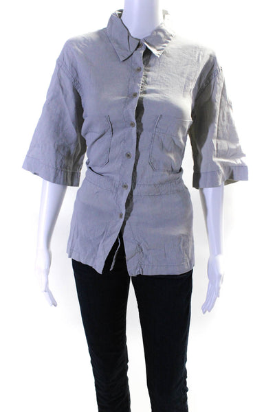 Eileen Fisher Womens Linen Button Down Short Sleeve Shirt Gray Size Medium