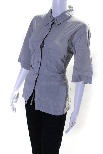 Eileen Fisher Womens Linen Button Down Short Sleeve Shirt Gray Size Medium