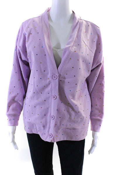 Terez Womens Rhinestone V Neck Terry Button Up Cardigan Lilac Size Extra Small