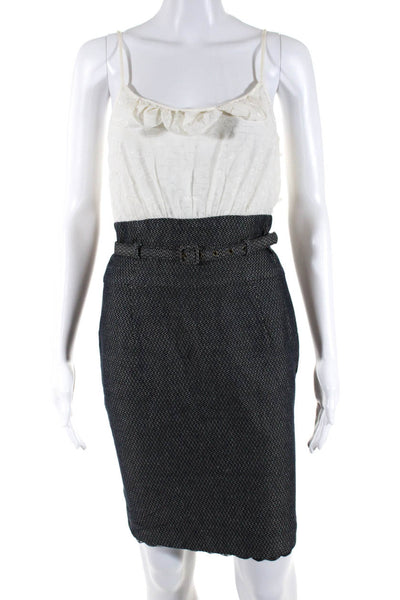 Trina Turk Womens Cotton Patchwork Textured Ruffle Belted Midi Dress Navy Size 6