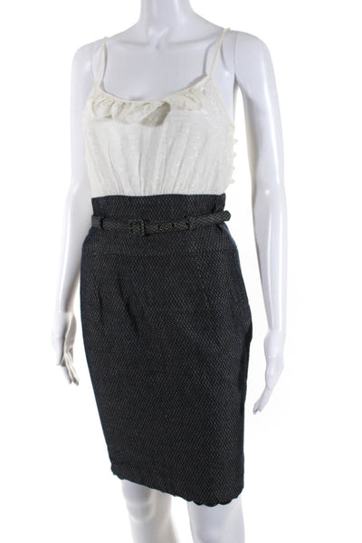 Trina Turk Womens Cotton Patchwork Textured Ruffle Belted Midi Dress Navy Size 6