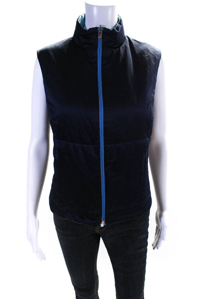 Designer Womens Turtleneck Zip Front Solid Sleeveless Vest Blue Size Small