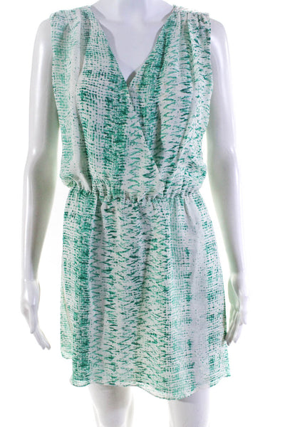Parker Womens Green White Printed Silk V-Neck Sleeveless Shift Dress Size S