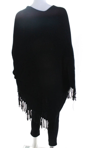 BCBGMAXAZRIA Womens Black Fringe Detail Poncho Sweater Top Size OS