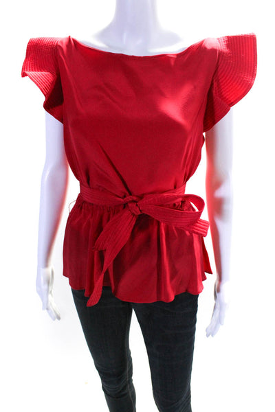 Cynthia Rowley Womens Silk Bell Sleeve Belted Peplum Blouse Top Red Size XS