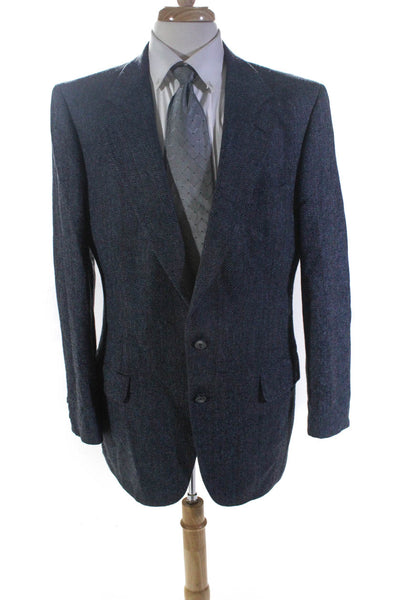Burberrys Men Blue Wool Herringbone Two Button Long Sleeve Blazer Size 44