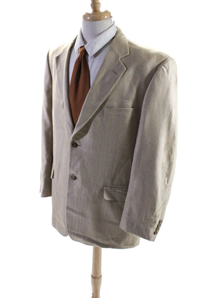 Haggar Black Label Mens Herringbone Two Button Blazer Jacket Beige Silk Size 44