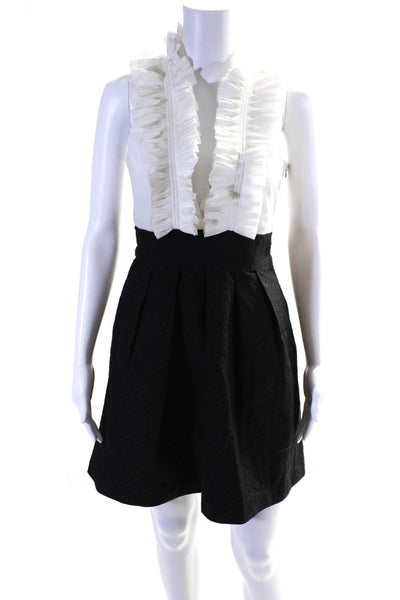 BCBGMAXAZRIA Womens Cotton Ruffled Front Fit & Flare Dress White Black Size 0