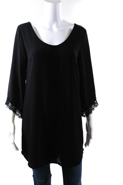 ASTR Womens 3/4 Sleeve Oversized Scoop Neck Lace Trim Shirt Black Size Small