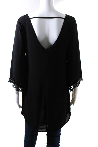ASTR Womens 3/4 Sleeve Oversized Scoop Neck Lace Trim Shirt Black Size Small