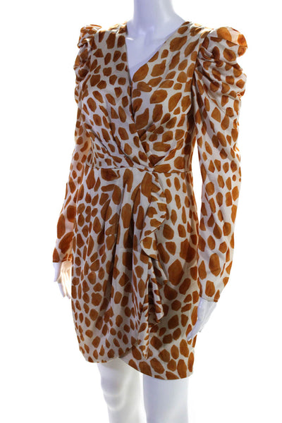 PatBO Womens Long Sleeve V Neck Giraffe Printed Wrap Dress White Brown Size 4