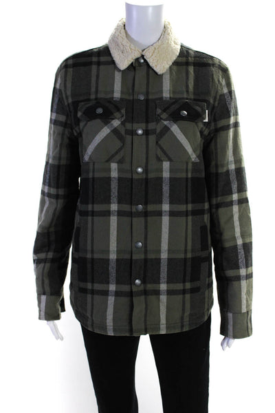 UpWest Resort & Mercantile Womens Button Front Teddy Lined Plaid Jacket Green XS