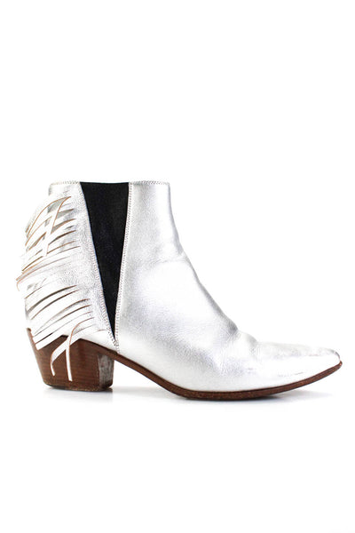 Saint Laurent Womens Leather Fringe Ankle Boots Silver Size 37.5 7.5
