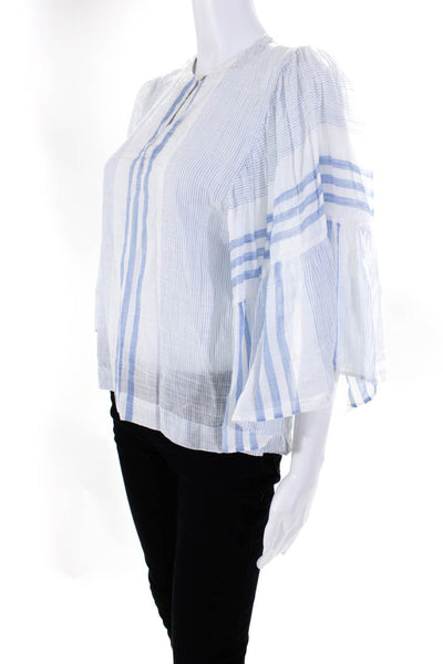 La Vie Womens Cotton Striped Print Bell Sleeve Blouse Top Blue White Size XS