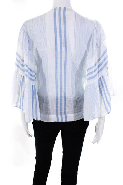 La Vie Womens Cotton Striped Print Bell Sleeve Blouse Top Blue White Size XS