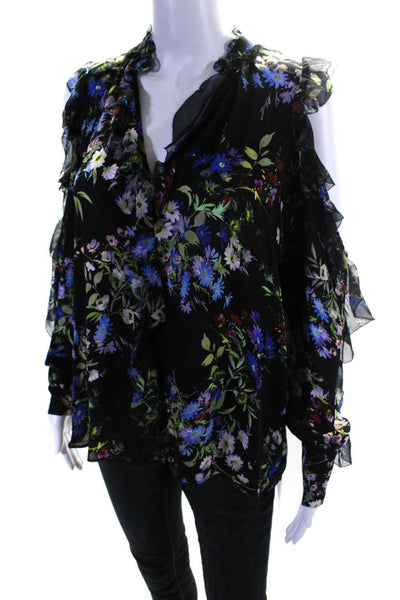 Parker Womens V Neck Ruffle Trim Floral Silk Blouse Top Black Size Small