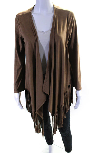 six/fifty Womens Open Front Long Sleeve Solid Suede Fringe Cardigan Brown Size S