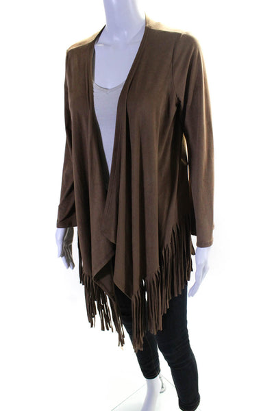 six/fifty Womens Open Front Long Sleeve Solid Suede Fringe Cardigan Brown Size S
