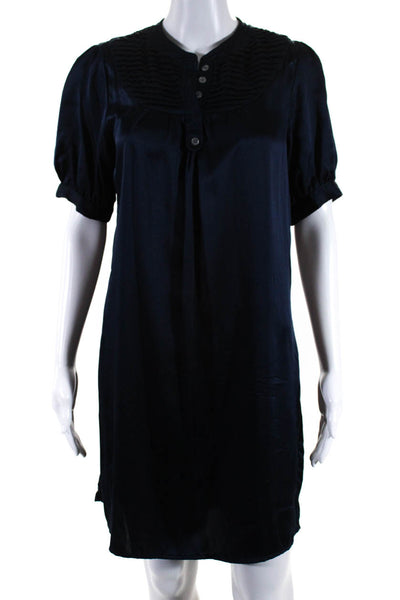 Calypso Saint Barth Womens Silk Satin Puff Sleeve V-Neck Shirt Dress Navy Size S