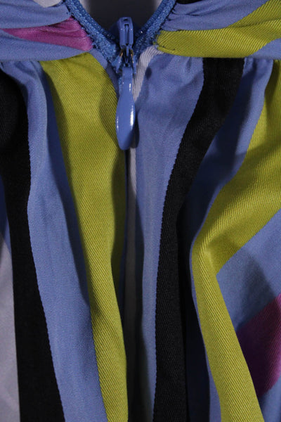 Caroline Constas Womens Back Zip Deep V Neck Striped Ruffle Top Blue Multi XS