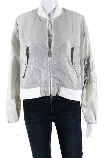 Essentiel Antwerp Womens Metallic Zipped Buttoned Pockets Jacket Silver Size M