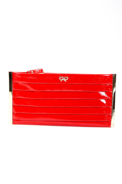 Anya Hindmarch Pantent Leather Pleated Bow Accent Pouch Wallet Red Gold