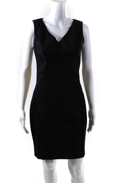 Elie Tahari Womens Abstract Print V Neck Dress Black Blue Cotton Size 2