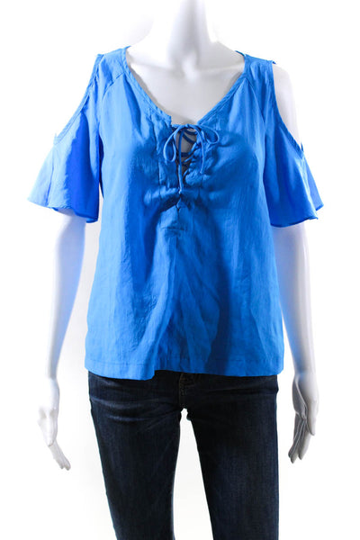 Nanette Lepore Womens Cold Shoulder Short Sleeve Blouse Blue Size Extra Small