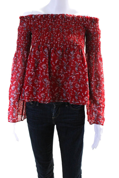 Intermix Womens Smocked Off Shoulder Floral Silk Shirt Red Multi Size Small