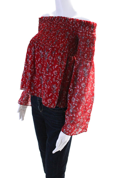 Intermix Womens Smocked Off Shoulder Floral Silk Shirt Red Multi Size Small