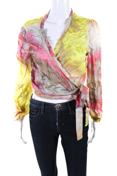 Sundays Womens Yellow Abstract Print Tie Front Long Sleeve Blouse Top Size 2