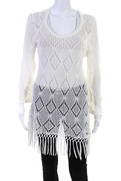 Cotton By Autumn Cashmere Womens Cotton Open Knit Fringe Sweater White Size M