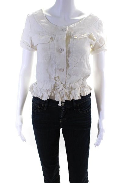 Burberry Womens White Linen Ruffle Scoop Neck Short Sleeve Blouse Top Size 4