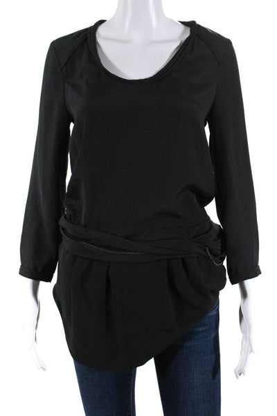 IRO Womens Draped Layered Chained  Scoop Neck Long Sleeve Blouse Black Size 0