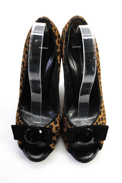 Claudia Ciuti Womens Cheetah Bow Peep Toe Stiletto Heels Pumps Brown Size 8.5
