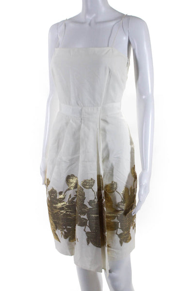 Elie Tahari Womens Floral Spaghetti Strap Mini Dress White Gold Tone Size 6