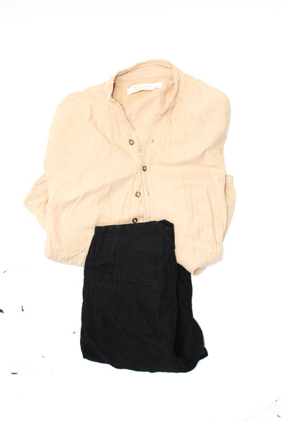 We The Free Womens Gauze Pleated Button Shirt Shorts Beige Black Size XS/46